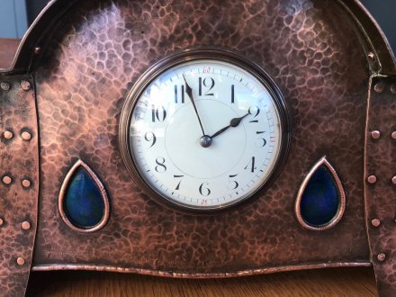 OI1112 ARTS & CRAFTS COPPER CLOCK WITH ENAMEL INSETS
